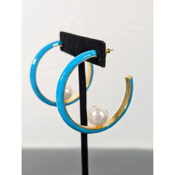 Turquoise Blue Enamel Hoop Earrings Faux‎ Pearl Signed Kenneth Lane - Picture 2 of 10